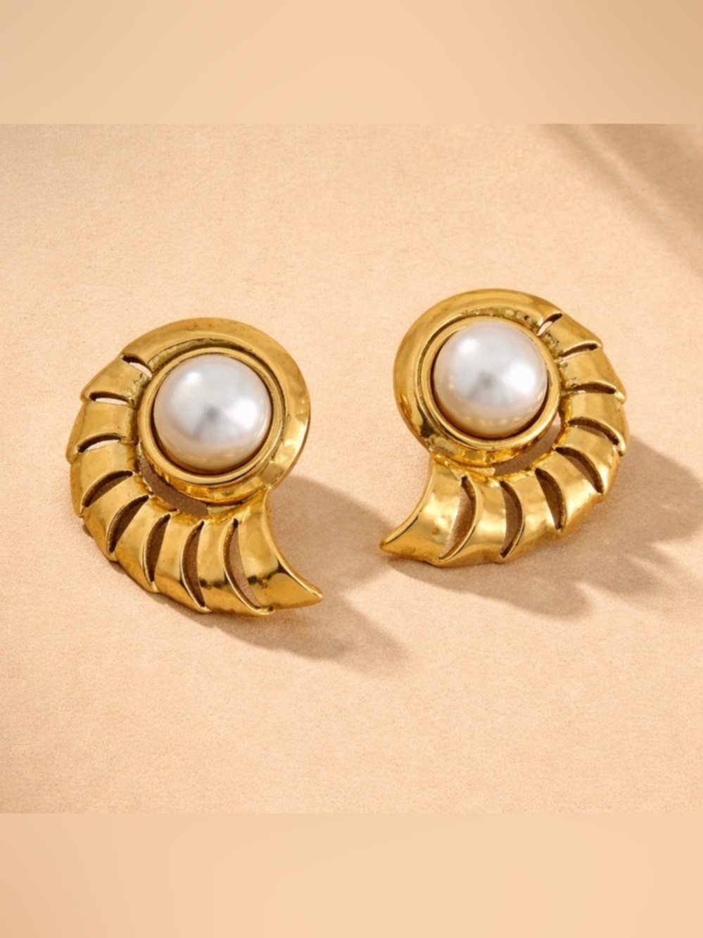 Vintage Shell Pearl Earrings • Gold Sculptural Statement Studs